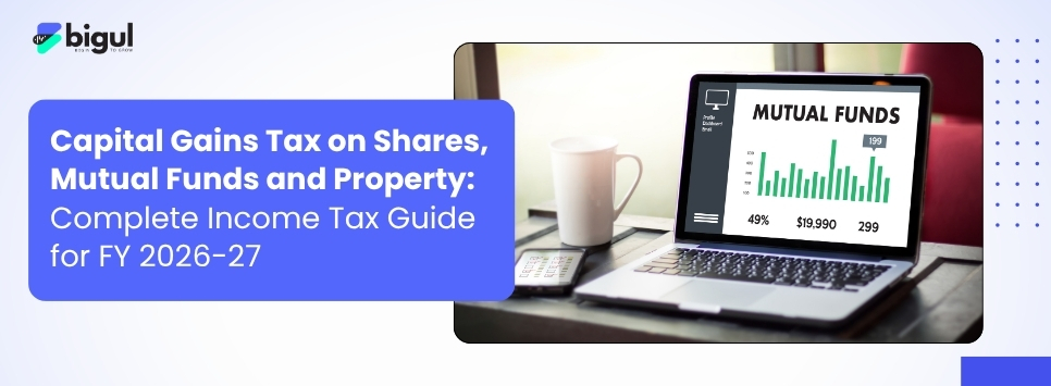 Capital gains tax guide for FY 2026-27 covering shares, mutual funds, and property taxation in India